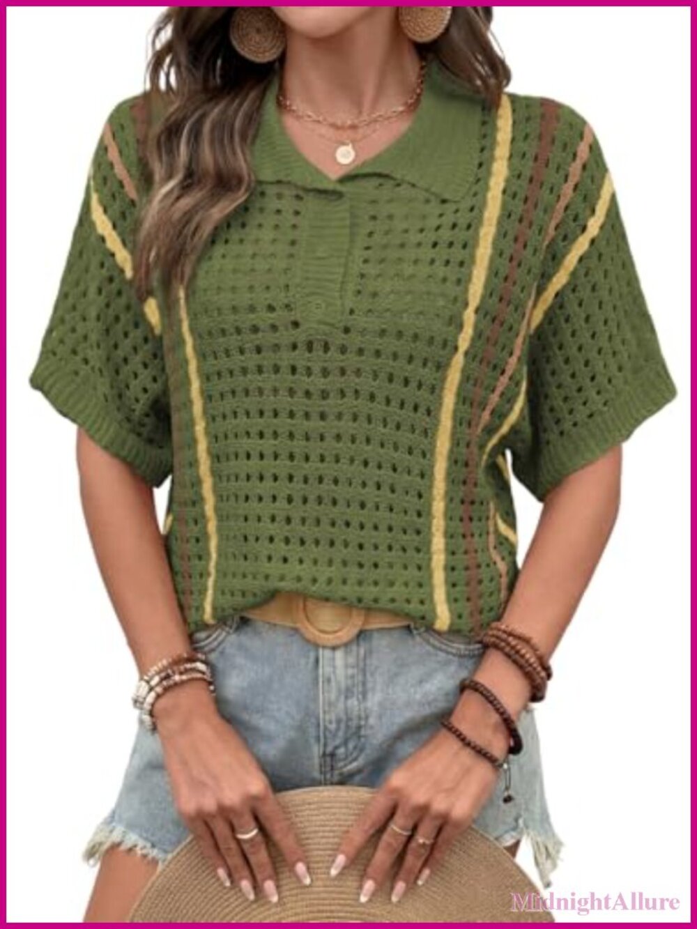 Women's Crochet Knit Short Sleeve Button Up Polo Sweater